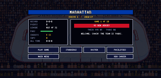 Career hub with record, standings and the next game